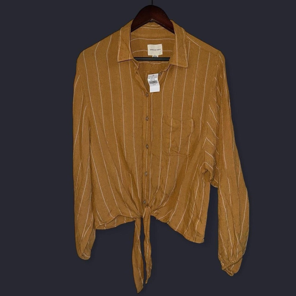 AEO Yellow Striped Front Tie Balloon Sleeve Blouse